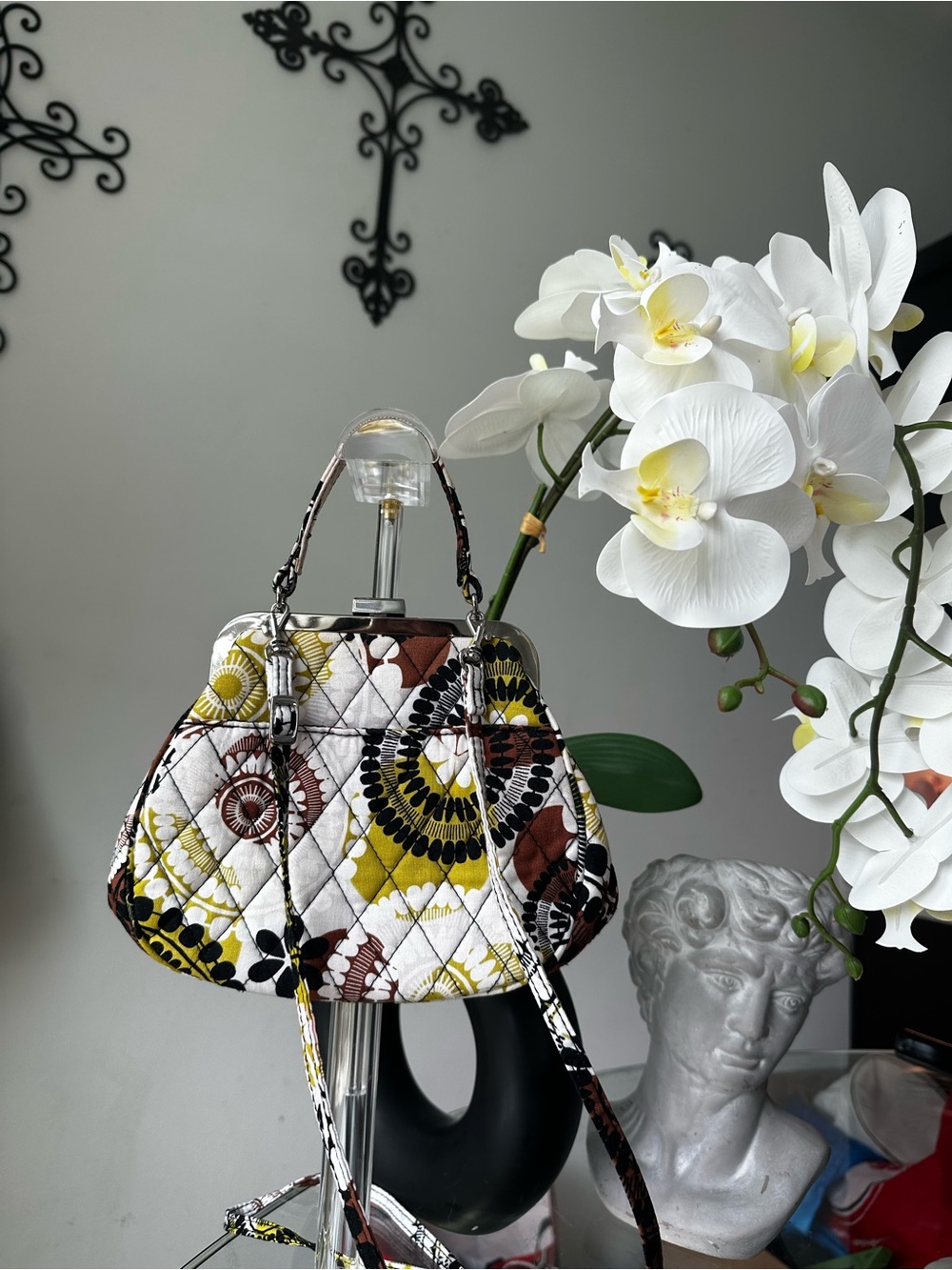 Vera Bradley Quilted Medallion Top-Handle Crossbody in White, Yellow & Brown
